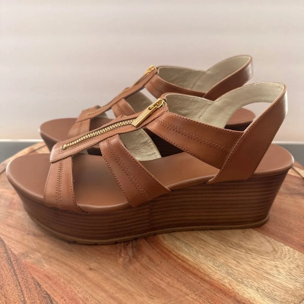 Michael Kors Women Tan Leather Platform Wedge Sandals Zip Gold Hardware 10M